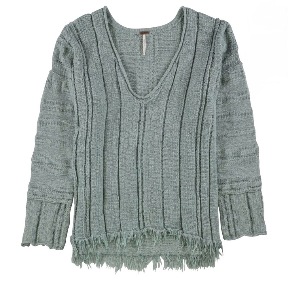 New Free People Misty Sage Open-Knit V-Neck Sweater XS